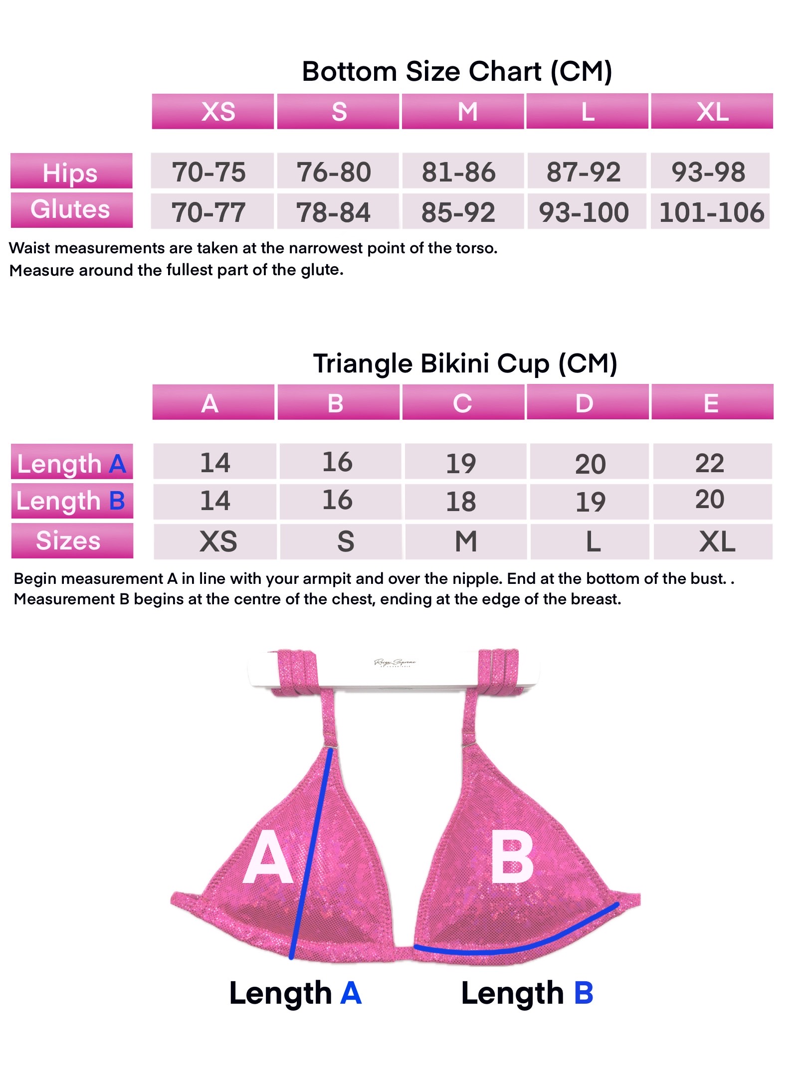 Bottom size chart and triangle bikini cup chart